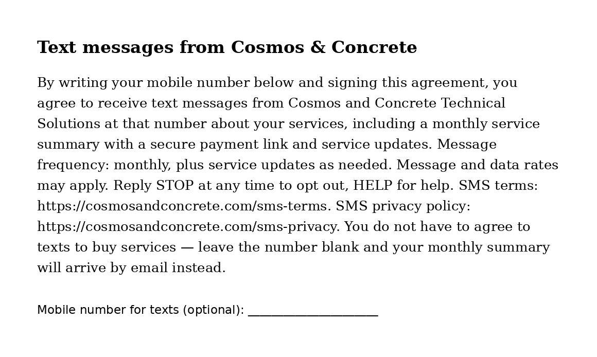 Image of the text-messaging consent section of the Cosmos and Concrete service agreement, including the mobile number line the client fills in before signing.